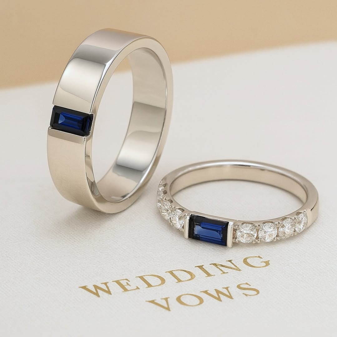 Sealed with a Promise. Just like your vows, our wedding rings are designed to last forever. Featuring a timeless combination of deep blue sapphire and brilliant diamonds, these bands symbolize loyalty, love, and an unbreakable bond.