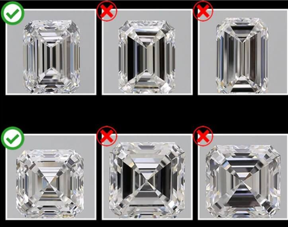 Emerald and Asscher cut diamonds showing black areas and poor symmetry